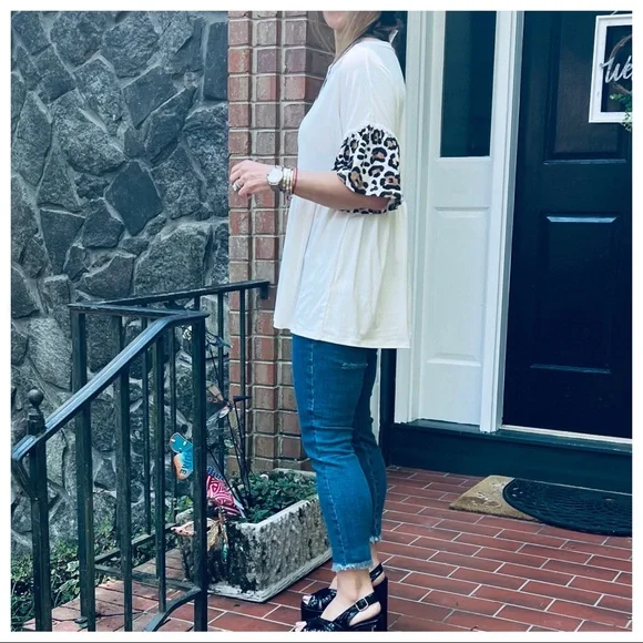 #26 Boho Leopard Trim sleeves tunic soft Flowy baby doll top - Picture 10 of 10